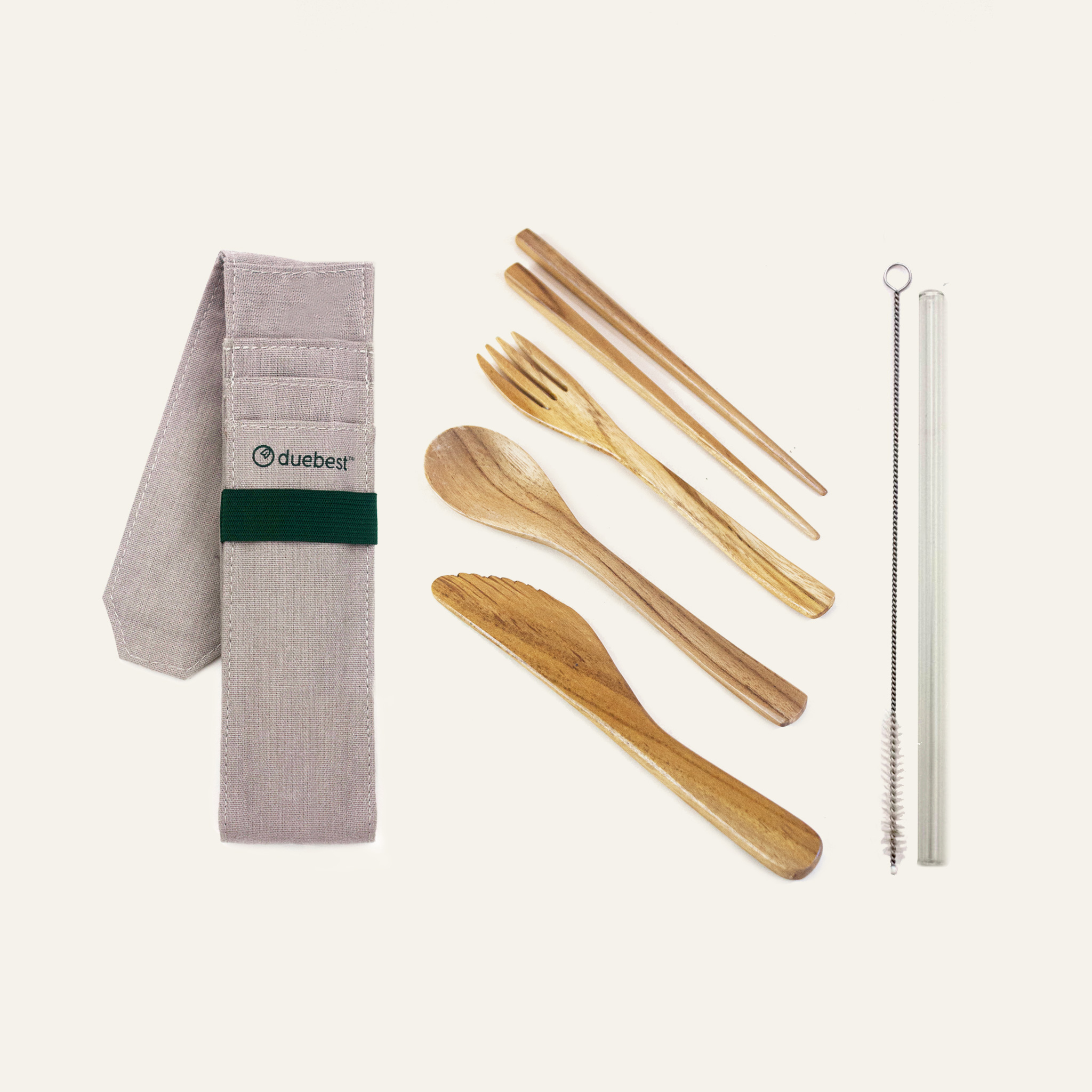 Reusable Wooden Cutlery Set & Glass Straw by Duebest